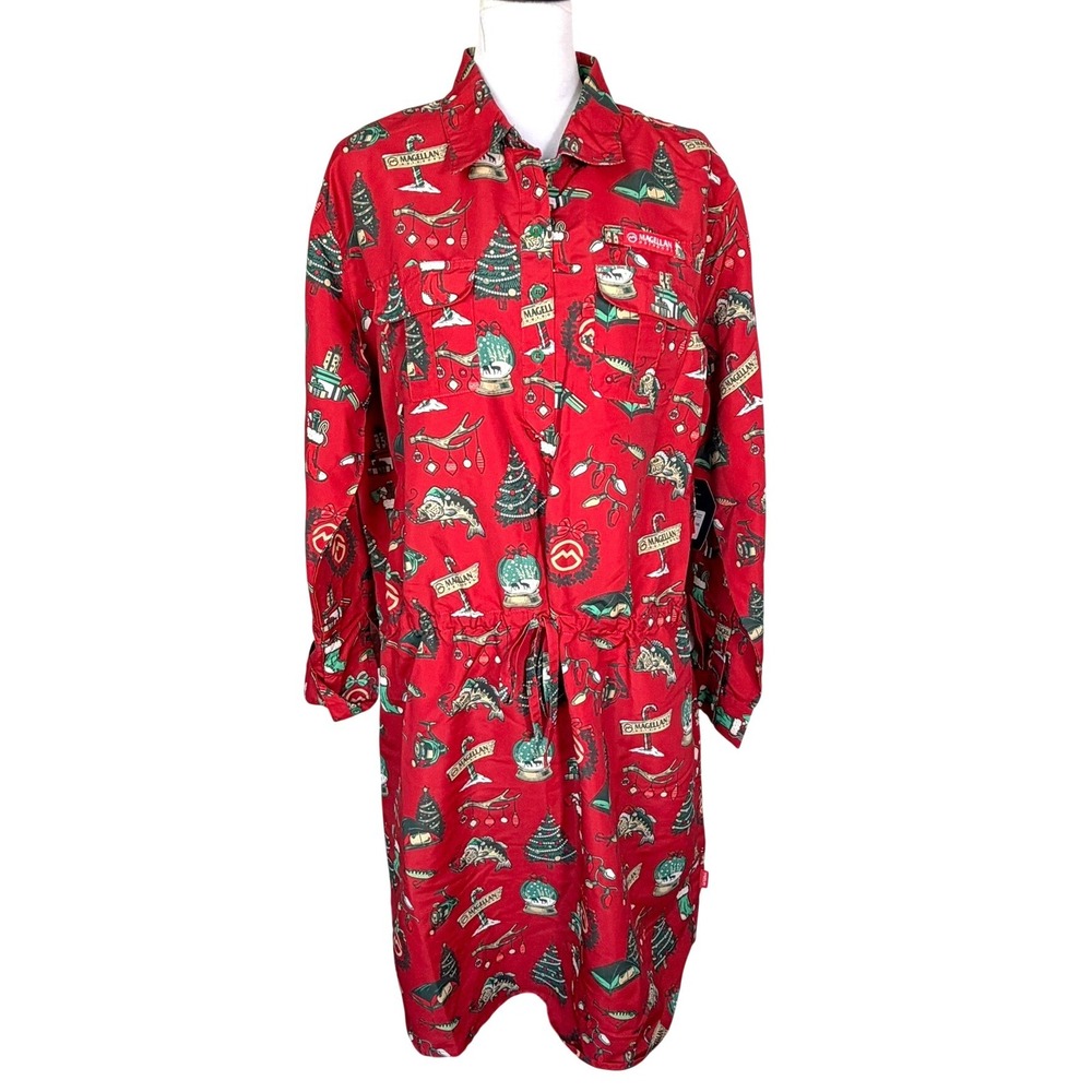 MAGELLAN NWT Women's XXL Red Fish Gear Christmas Shirt Dress Holiday Collection